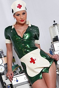Nurse Abbie Cat in a green latex dress fucking with patient